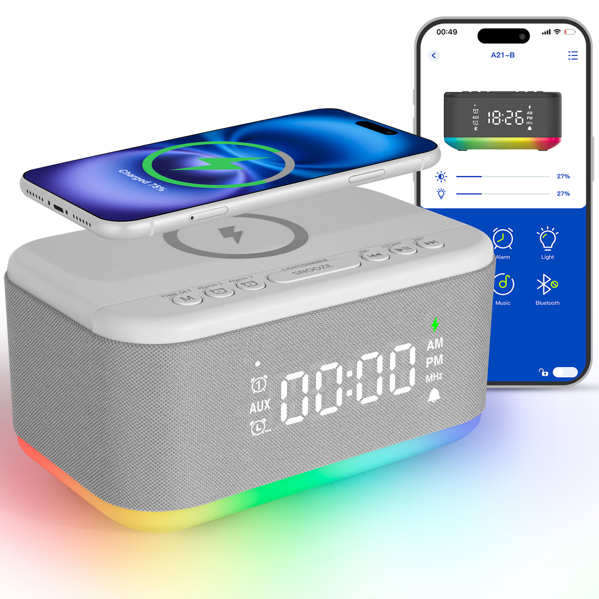 Bluetooth Alarm Clock Radio Bedroom Digital Dual Alarm Clock Bedroom Night Light Speaker App/Button Control FM Charge Snooze Adjustable Volume Dim 12/24H