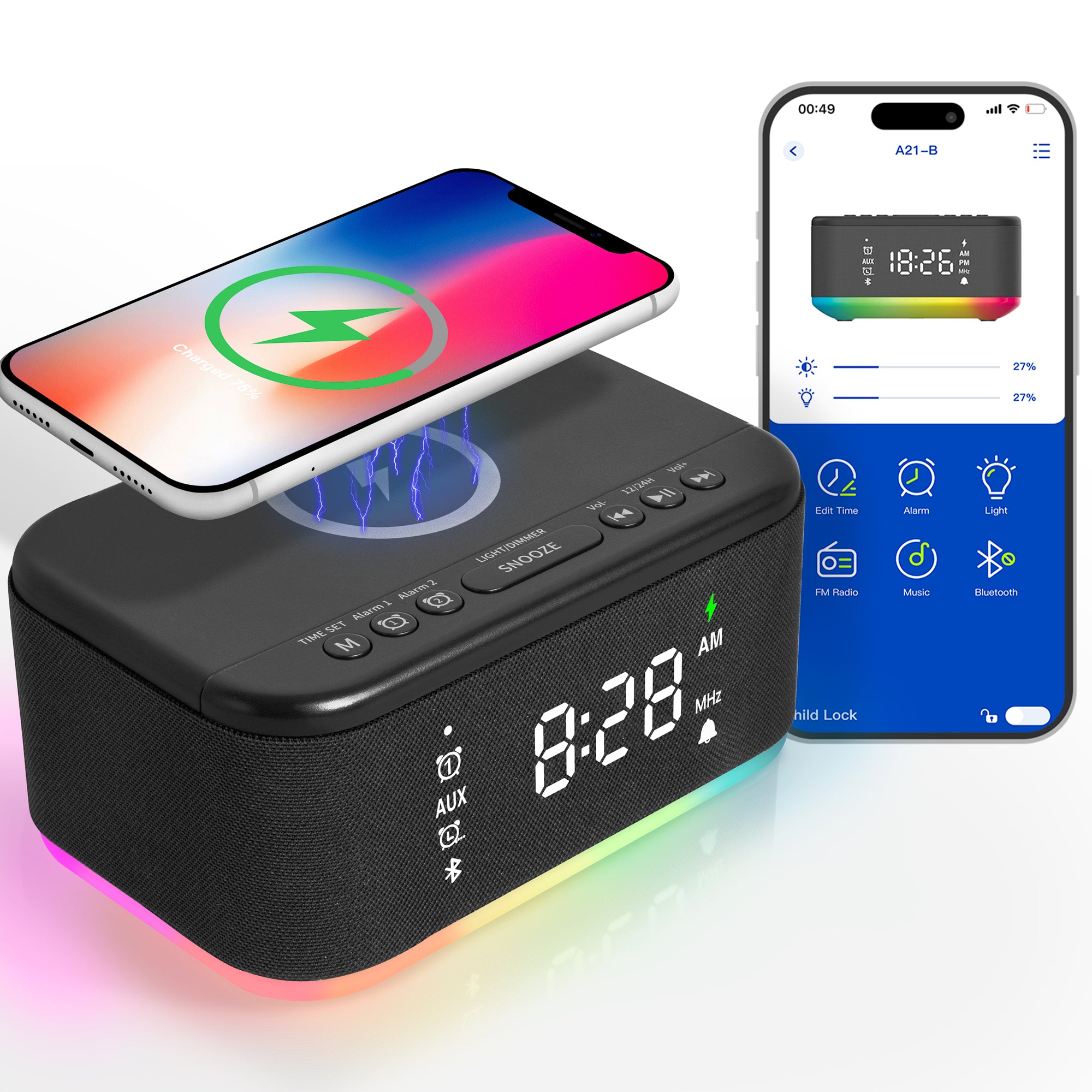 AZATOM Revival Q1 DAB+ FM Radio Clock Alarm With Wireless Charger & Bluetooth - Black