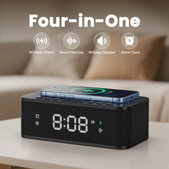 Digital Alarm Clock White Noise Loud Digital Bedrooms Wireless Charger AUX USB Bluetooth Alarm Clock Speaker 12/24H Dual Alarm Snooze Adjustable Brightness