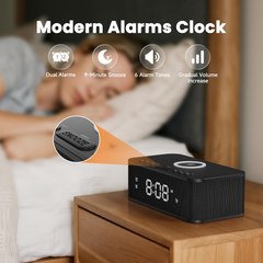 Digital Alarm Clock White Noise Loud Digital Bedrooms Wireless Charger AUX USB Bluetooth Alarm Clock Speaker 12/24H Dual Alarm Snooze Adjustable Brightness