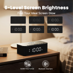 Digital Alarm Clock White Noise Loud Digital Bedrooms Wireless Charger AUX USB Bluetooth Alarm Clock Speaker 12/24H Dual Alarm Snooze Adjustable Brightness