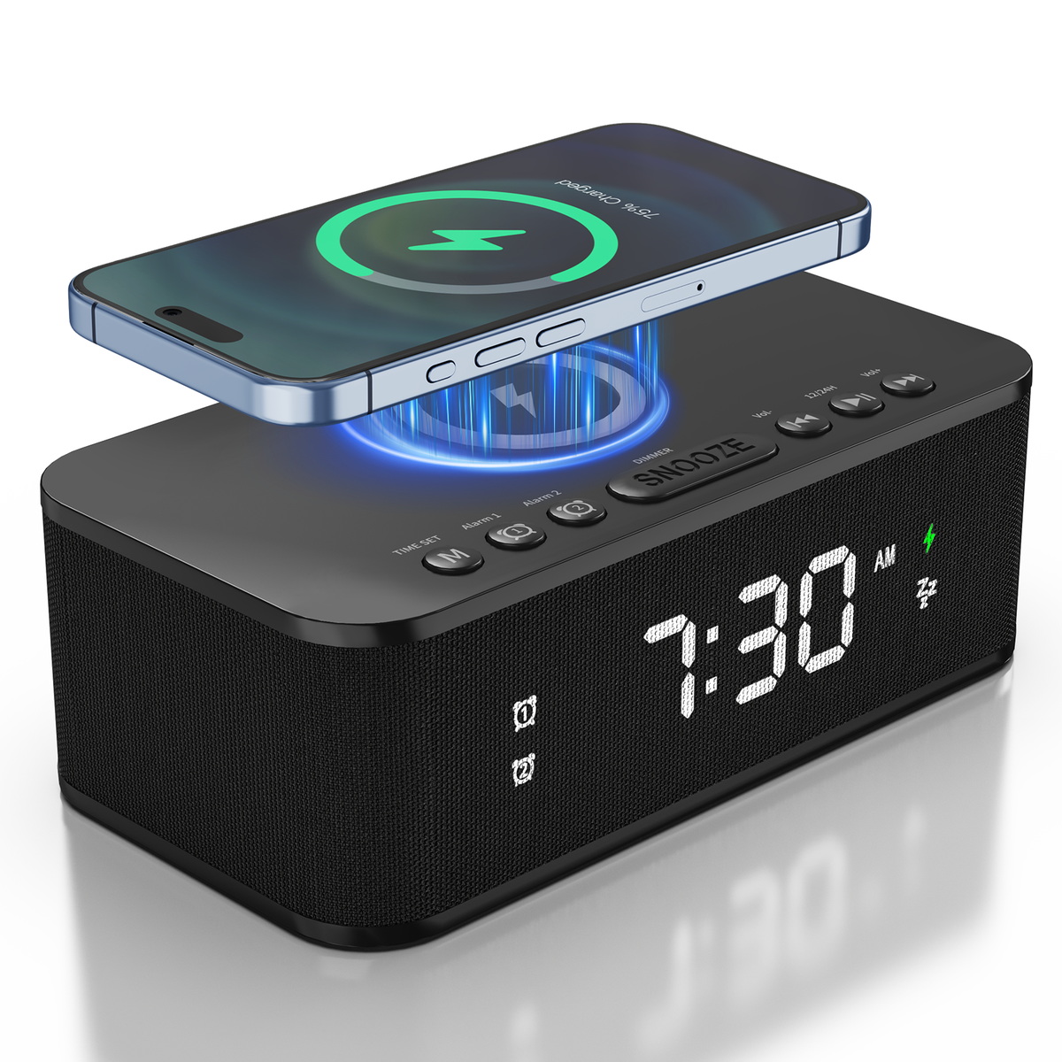Digital Alarm Clock White Noise Loud Digital Bedrooms Wireless Charger AUX USB Bluetooth Alarm Clock Speaker 12/24H Dual Alarm Snooze Adjustable Brightness