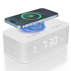 Digital Alarm Clock White Noise Loud Digital Bedrooms Wireless Charger AUX USB Bluetooth Alarm Clock Speaker 12/24H Dual Alarm Snooze Adjustable Brightness