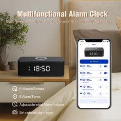 Dual Alarm Clock Radio Up to 10 Bedroom Digital White Noise 23 Soothing Sounds App/Button Control Snooze 12/24H FM Bluetooth Speaker Alarm Clock Wireless Charging