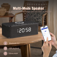 Dual Alarm Clock Radio Up to 10 Bedroom Digital White Noise 23 Soothing Sounds App/Button Control Snooze 12/24H FM Bluetooth Speaker Alarm Clock Wireless Charging