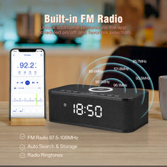 Dual Alarm Clock Radio Up to 10 Bedroom Digital White Noise 23 Soothing Sounds App/Button Control Snooze 12/24H FM Bluetooth Speaker Alarm Clock Wireless Charging