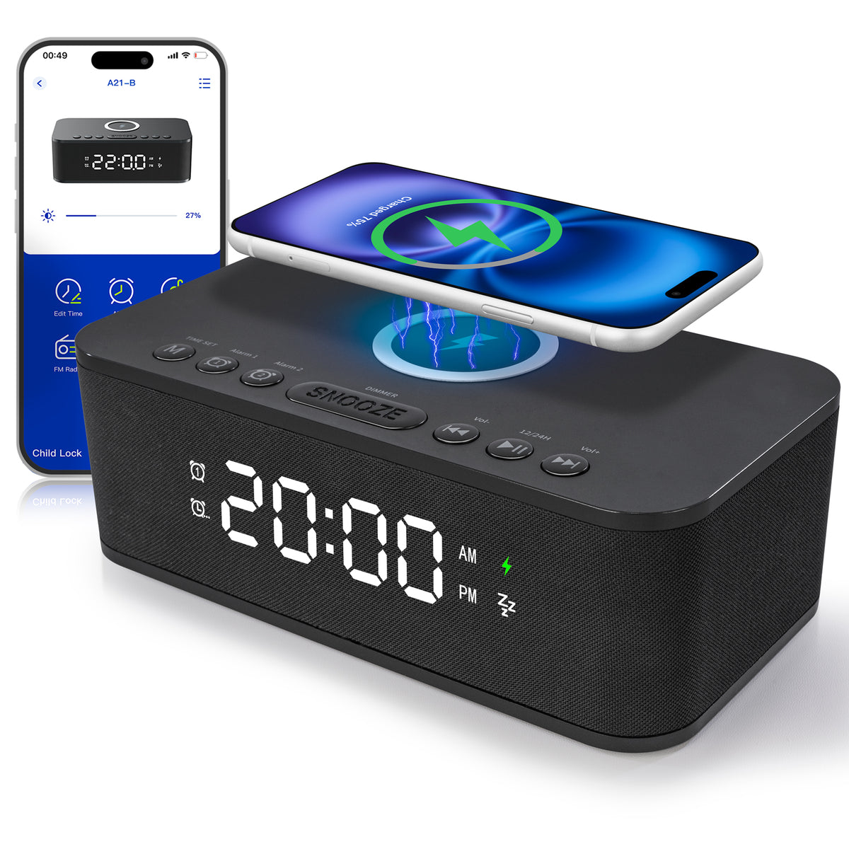 Dual Alarm Clock Radio Up to 10 Bedroom Digital White Noise 23 Soothing Sounds App/Button Control Snooze 12/24H FM Bluetooth Speaker Alarm Clock Wireless Charging