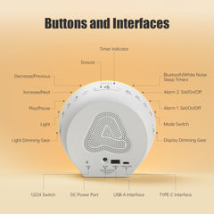 Bluetooth Speaker Alarms Clock Sound Machine Bedrooms Loud 23 White Noise Dual Alarms Snooze 12/24H Night Lights Timer USB Charging Dimmer Sleeping Sunrise Digital Alarm Clocks